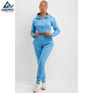 Best Product Ladies Tracksuit, With Zip Front Crop Hooded And Jogger <b>Set</b> Sky Blue Color Gym Wear Women Crop Tracksuit <b>Set</b> - Product Image 2