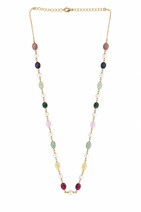 Custom Rhodium Plated Necklace Multi Gemstone Oval Bead Pearl Station Cable <b>Chain</b> Rainbow Minimalist Women Luxury Gift Jewelry - Product Image 2