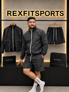 REXFIT SPORTS 2026 Ensemble coupe-vent personnalisé pour homme en nylon noir, veste à col montant entièrement zippée et short à cordon de serrage, vêtements de sport personnalisés - Product Image 2
