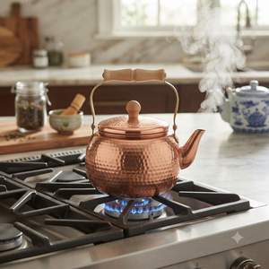 Bouilloire à thé en cuivre martelé de forme ronde, fabriquée à la main, avec bouton et poignée en bois – Fournisseur en gros de théières de luxe pour la cuisine - Product Image 3
