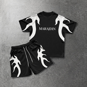 Men's Black <b>Flame</b> Print T-<b>Shirt</b> and Shorts Set Crew Neck Quick Dry Sporty Summer Wear Polyester Spandex Knitted - Product Image 1