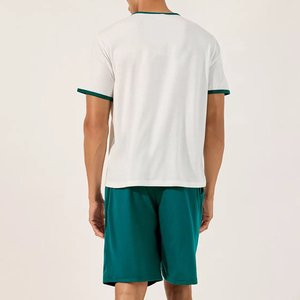 Ensemble T-shirt blanc à col rond pour homme avec bordure verte et short uni bleu sarcelle, en coton respirant, tenue décontractée d'été - Product Image 2