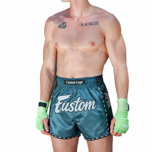 Shorts de kickboxing athlétiques bleus, coupe ajustée, shorts de Muay Thai, shorts de boxe en satin, vêtements d'entraînement, fabricant OEM - Product Image 5