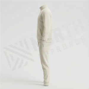 Unisex Cream Cotton Tracksuit Full <b>Zip</b> Stand Collar Casual Solid Color <b>Joggers</b> With Side <b>Pockets</b> Autumn Wear - Product Image 3