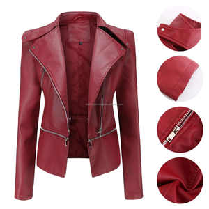 Vestes pour femmes en cuir de motard à ourlet respirant rouge fermeture à glissière col à revers manches longues coupe ajustée manteau élégant - Product Image 6