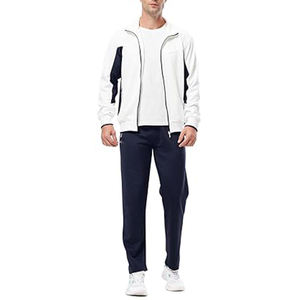Veste de survêtement blanche pour homme avec fermeture éclair intégrale, empiècements latéraux marine et pantalon assorti, tenue décontractée pour le printemps, matière polyester respirante - Product Image 6