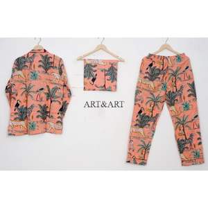 Pyjama unique en coton à col rabattu, imprimé jungle orange, chemise et pantalon à imprimé forêt, ensemble de nuit pour femmes - Product Image 4