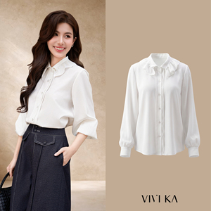 Women's Elegant Lace Trim Peter Pan Collar Long Sleeve Cotton Polyester Shirt Summer Casual Office Soft Comfortable IVY - Product Image 1