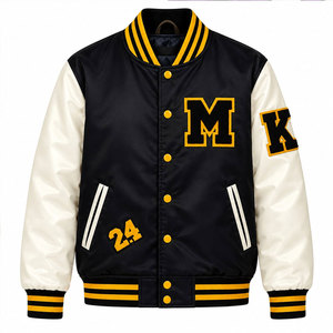 Chaqueta Varsity para Hombre, Negra y Crema, con Letra M Bordada en PU, Estilo Preppy, Cuello Camisero, Corte Regular, Otoño - Product Image 2