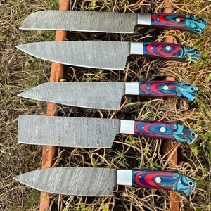 Juego de 5 Cuchillos de Chef de Acero de Damasco, Hechos a Mano, Grado Industrial, Hojas con Borde Biselado, Mango de Cuero, Garantía de 3 Años - Product Image 5