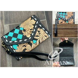 New Arrival Tooled Leather Wallet Checkered Pattern Cowgirl <b>Wristlet</b> Wallet Boutique Clutch Purses RFID Card Holder Organizer - Product Image 1