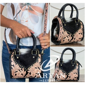 Wholesale Genuine <b>Leather</b> <b>Tooled</b> Western Speedy Bag Cowhide <b>Leather</b> Floral Handcrafted Lady Shoulder Multipurpose Speedy Handbag - Product Image 1