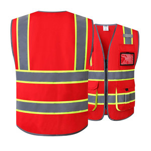 Hi Visibility Red Safety Vest With Reflective Stripes And <b>Multiple</b> Pockets Unisex Polyester Workwear - Product Image 2