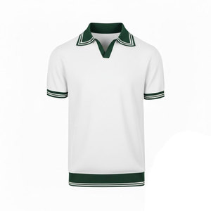 Chemise à manches courtes en coton tricoté anti-boulochage pour homme, couleur unie, coupe décontractée, col et poignets à bordure verte - Product Image 3