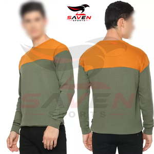 Sweat-shirt en molleton colorblock pour homme, personnalisé, vert olive et jaune moutarde contrastant, col rond, pull décontracté, vente en gros - Product Image 5