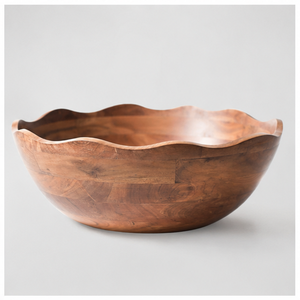 Tazón para Servir Moderno de Madera de Acacia Hecho a Mano con Borde Dorado Festoneado, Tazón para Ensalada y Frutas con Borde Ondulado, Vajilla Ecológica, Decoración para el Hogar - Product Image 1