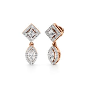 Boucles d'oreilles pendantes en or rose et diamants, coupe princesse, géométriques, bijoux de luxe pour femmes, bijoux de mariage - Product Image 1