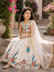 Ensemble Lehenga Choli en coton blanc longueur ras du sol à séchage rapide pour filles, avec jupe en résille, chemisier et dupatta, motif floral paon, tenue de mariage et de fête - Product Image 4