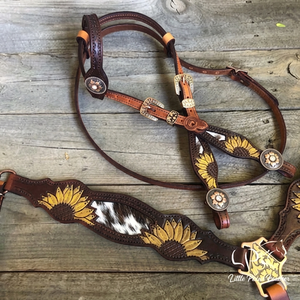 Têtière en cuir de vachette faite à la main, ornée de fleurs, style western, équipement de spectacle premium pour chevaux - Product Image 2