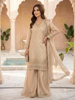 Nouvelle collection : Ensemble Kurta Sharara Dupatta en soie Frendy avec broderie, travail de sequins et perles, costume Sharara