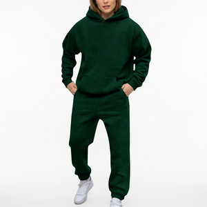 Ensemble de survêtement pour homme vert foncé à capuche, coupe ample, couleur unie, en coton, sweat-shirt et pantalon décontractés avec poches latérales - Product Image 6