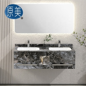 Meuble de salle de bain avec niche et porte-serviettes en pierre frittée marbrée brillante de luxe à double cuvette sans joint pour hôtel et appartement - Product Image 3