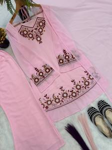 Robe indienne pakistanaise moderne brodée rose pour femme, longueur midi, tenue de soirée, coupe régulière, extensible, fausse fourrure, séchage rapide, toutes saisons - Product Image 4