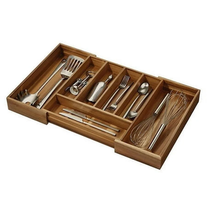 Bandeja de almacenamiento de madera para cocina con 4 compartimentos para utensilios y cuchillos, diseño minimalista rectangular, fácil de limpiar, de un solo nivel - Product Image 4