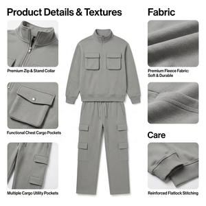Wholesale Men’s Quarter Zip Sweatshirt <b>Cargo</b> Pants Set 2 Piece Tracksuit Casual Utility Jogger Outfit Custom OEM/ODM Clothing - Product Image 5
