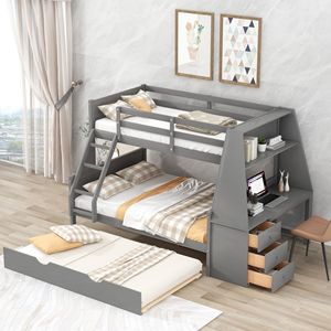 Letto a castello grigio con letto estraibile, scrivania integrata, tre cassetti portaoggetti e mensola - per bambini - Product Image 2