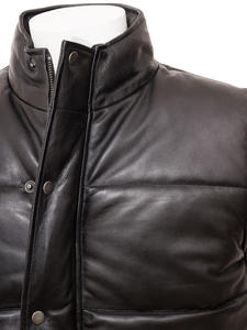 <b>Men's</b> <b>Black</b> Genuine Leather Stand Collar Puffer <b>Vest</b> With Button Closure Windproof Winter Outerwear - Product Image 3