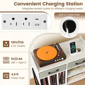Mobiletto Porta Giradischi Regolabile con Stazione di Ricarica, Cassetti Pieghevoli e Vano Porta Vinili, Bianco, Utilizzabile anche come Mobile TV - Product Image 6