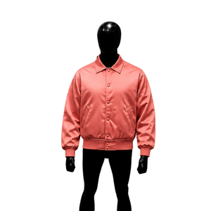Chaqueta Varsity de Satén Rosa Coral Personalizada para Hombre, Chaqueta Bomber Lisa al por Mayor con Botones a Presión, Fabricante OEM, Venta de Chaquetas con Botones en el Pecho - Product Image 1