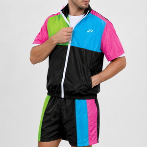 Coupe-vent en nylon surdimensionné à blocs de couleur avec fermeture éclair, imprimé sur mesure, pour homme, idéal pour l'été, avec short de jogging anti-plis et respirant - Product Image 2