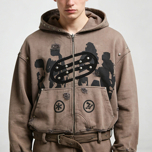 Oversized Distressed Zip Up Hoodie <b>Vintage</b> Washed Rivet Streetwear <b>Sweatshirt</b> for Men & Women - Product Image 1
