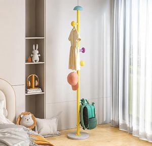 Porte-manteau multifonctionnel sur pied avec crochets pour chapeaux et sacs à dos, support de rangement jaune pour salon - Product Image 1