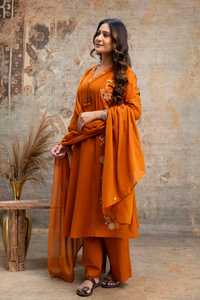 Conjunto de Kurti Tradicional de Algodón Naranja para Mujer, Corte Holgado, Largo hasta la Rodilla, con Pantalón y Dupatta, de Secado Rápido, para Diwali, India y Pakistán - Product Image 3