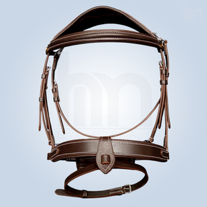 Brida de cuero marrón premium para caballo con costuras blancas elegantes y ceñuela de puño - Acolchada, anatómica, para equitación de caza y salto - Product Image 1