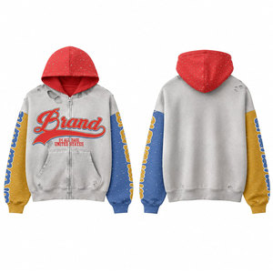 Sweat-shirt à capuche zippé unisexe en maille, gris, rouge, bleu, jaune, imprimé sur les manches, décontracté, automne - Product Image 1