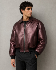 Blouson bomber en cuir véritable bordeaux pour homme avec logo embossé, col rabattu, fermeture éclair, vêtement décontracté pour l'automne - Product Image 4