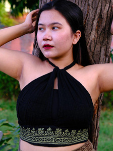 Earthy <b>Khaki</b> Green Hand Block Printed Premium Breathable Cotton Fabric Lightweight Comfortable Halter Neck Ruched Crop <b>Top</b> - Product Image 5