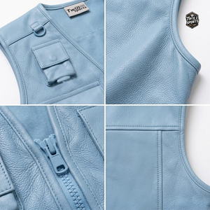OEM Service <b>Light</b> Blue Leather Uniform Utility Vest Sleeveless Multiple Pockets V-<b>Neck</b> Cargo Pocket Style Unisex All Seasons - Product Image 5