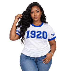 เสื้อยืด Zeta Phi Beta 1920 รุ่น Ringer สำหรับผู้หญิง สีขาว แต่งขอบสีน้ำเงินรอยัล ผ้าทวิลล์ ปักตัวเลข ตัวอักษรกรีกแบบละเอียด ที่แขนเสื้อ ลาย Sorority Tee - Product Image 1