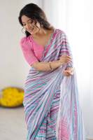 Sari rose rayé en polyester pour femme avec bordure ornée de miroirs, style décontracté Inde & Pakistan, longueur ras du sol, coupe classique