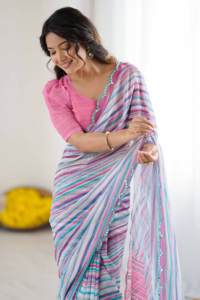 Traditional Georgette Beautiful Tone Colour <b>Mirror</b> Work Saree <b>with</b> Unstitched Blouse for Women Party - Product Image 5