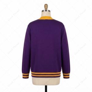 Custom Chenille Letterman College <b>Cardigan</b> V-Neck Knit Varsity Sweater with Chest Embroidery and Striped Ribbed Trim - Product Image 2