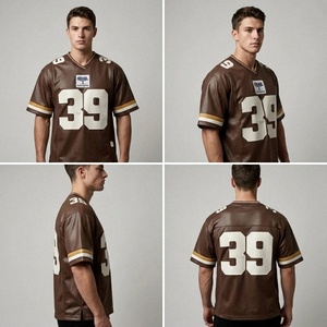 Maillot de football rétro surdimensionné personnalisé en maille, col en V, rayures marron et blanc, manches courtes, style vintage américain, t-shirt de sport pour homme - Product Image 2