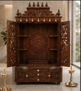 Mandir de madera tallada con diseño de pavo real para la puerta, compra templos de madera maciza de estilo tradicional para la sala de pooja con gabinetes de almacenamiento. - Product Image 2