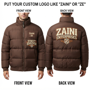 Mens Puffer Jacket 120 GSM Polyester Worsted Fabric Garment Dyed Stand Collar Brown Quilted Panel Design OEM ODM - Product Image 1