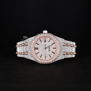 Montre-bracelet pour homme en acier inoxydable, personnalisée, entièrement sertie de moissanite, cadran à aiguilles, bicolore blanc et rose, style Hip Hop, pour le quotidien - Product Image 2